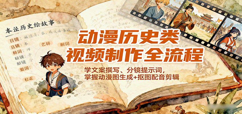 动漫历史类视频制作全流程，学文案撰写、分镜提示词，掌握动漫图生成+抠图配音剪辑-117资源网