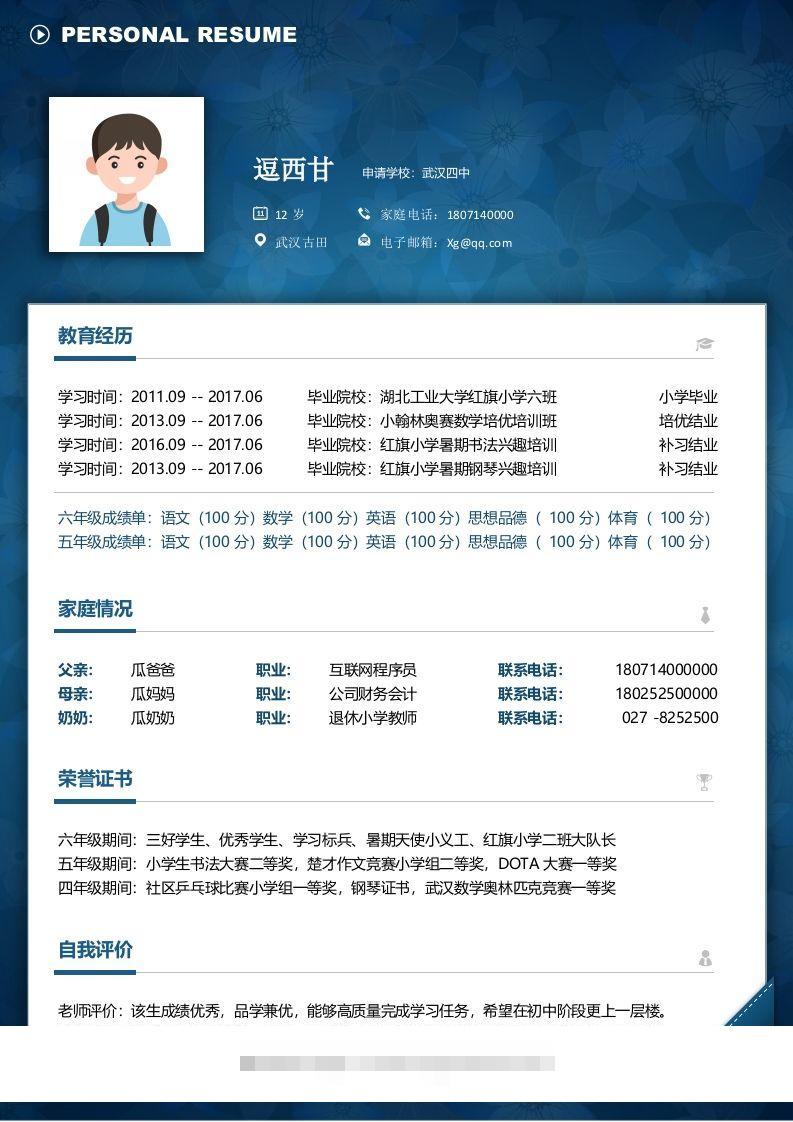 单页-小升初简历08-117资源网
