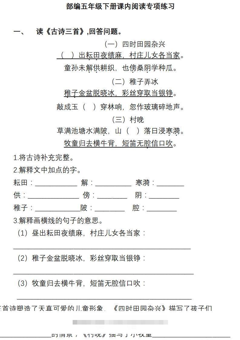 【课内阅读专项训练】五下语文-117资源网