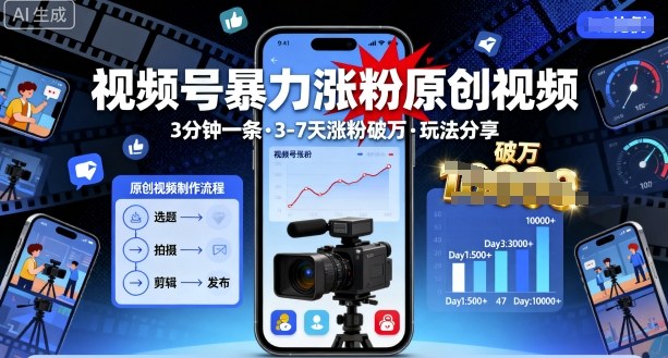 视频号暴力涨粉原创视频，3分钟一条原创视频，3-7天涨粉破万，玩法分享给你-117资源网