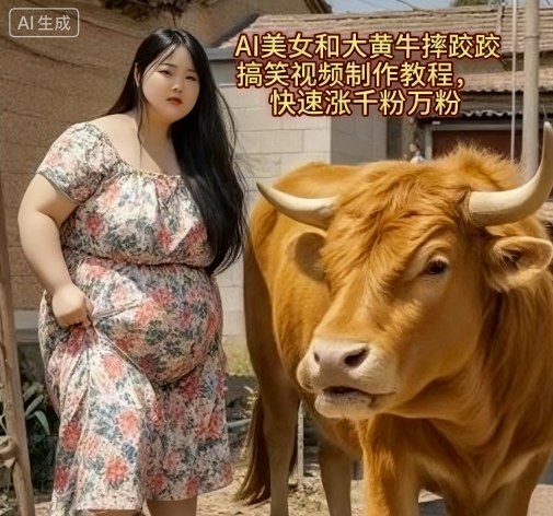 AI美女和大黄牛摔跤搞笑荒诞视频制作教程，快速涨千粉万粉-117资源网