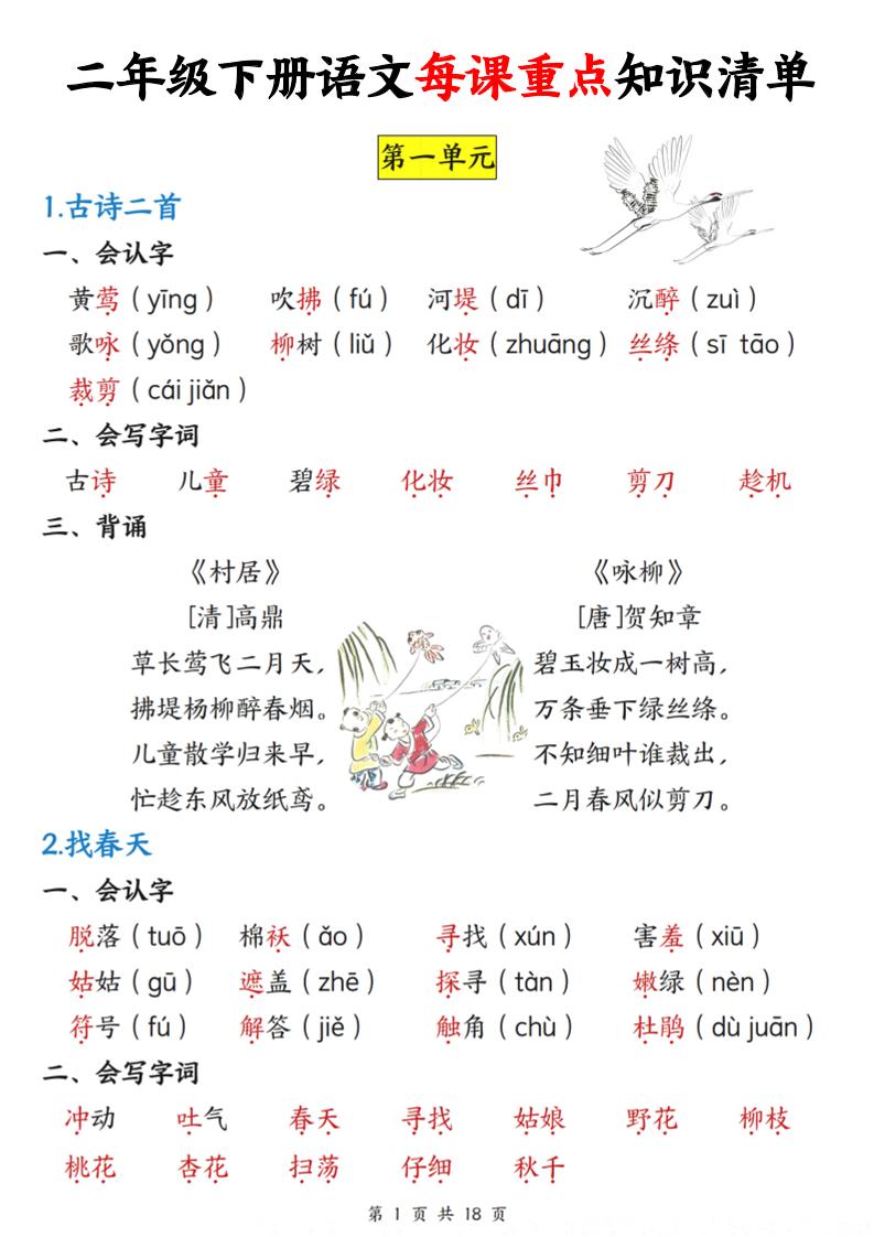 二下语文每课重点知识清单（18页）-117资源网
