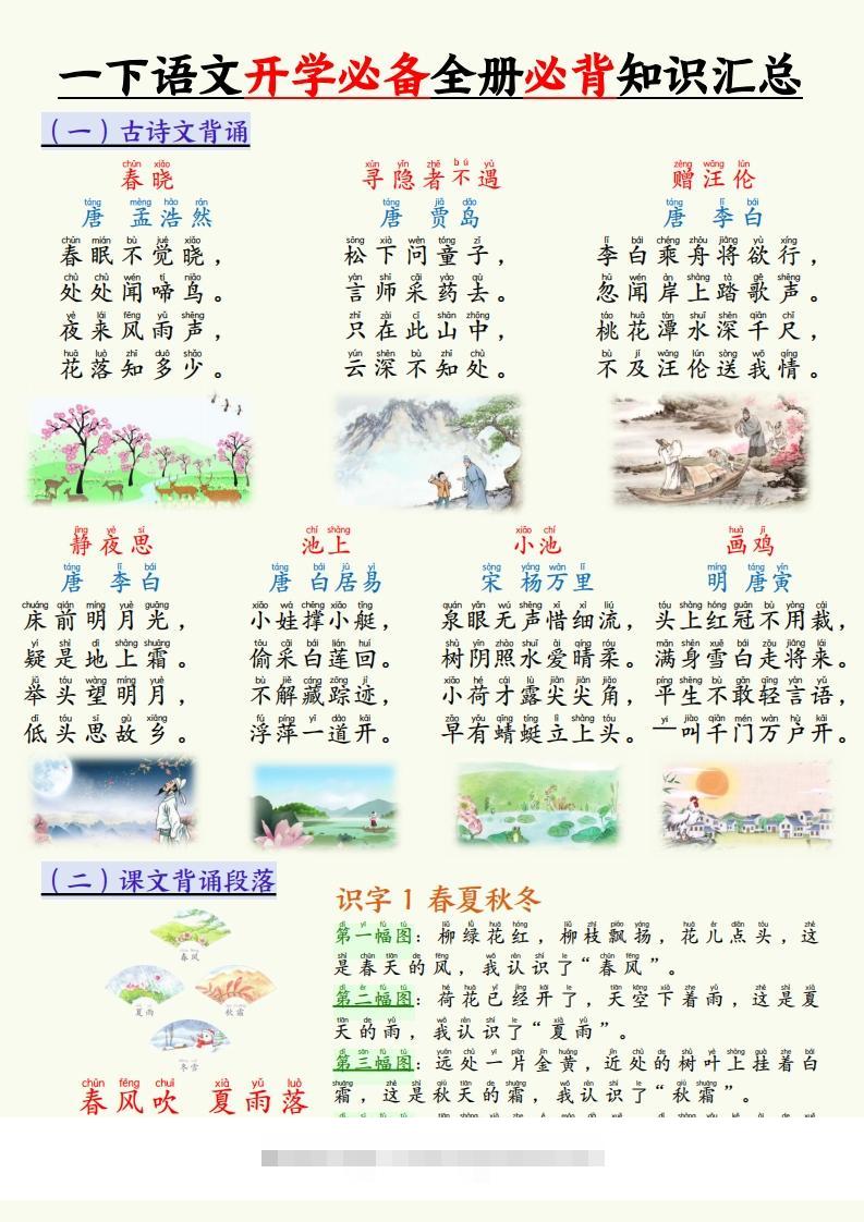 【25春一下语文开学必备全册必背知识汇总（十三类知识点）17页-117资源网