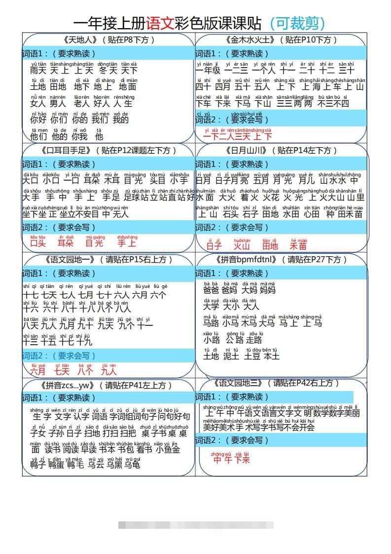 24秋一年级上册语文彩色课课贴-117资源网
