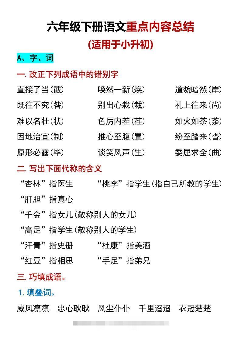 六年级下册语文重点内容总结（适用于小升初）-117资源网