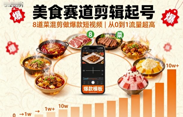 美食赛道剪辑起号，8道菜混剪做爆款短视频，从0到1，流量超高-117资源网