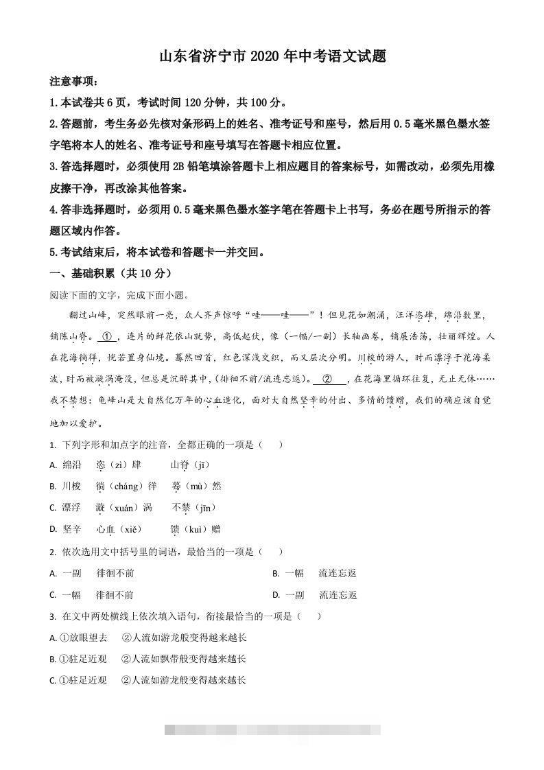 山东省济宁市2020年中考语文试题（空白卷）-117资源网
