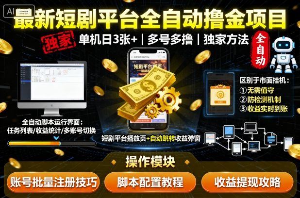 最新短剧平台全自动挂G撸金项目，单机一天3张+，多号多撸，区别于市面所有挂机项目，独家方法【揭秘】-117资源网