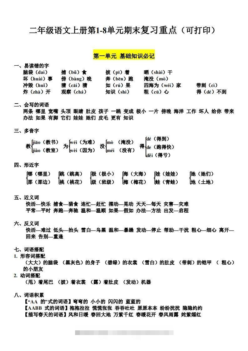 二（上）语文1-8单元期末复习重点-117资源网