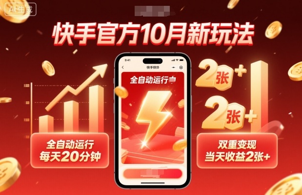 快手官方10月新玩法,全自动运行,每天20分钟,双重变现,当天收益2张+【揭秘】-117资源网