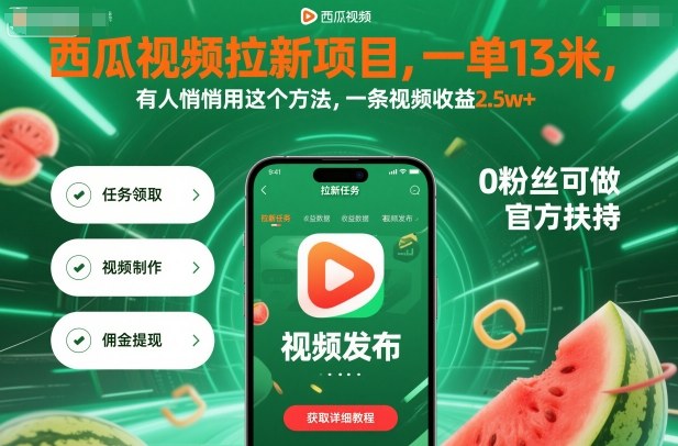 西瓜视频拉新项目，一单13米，有人悄悄用这个方法，一条视频收益2.5w+(附详细教程)-117资源网