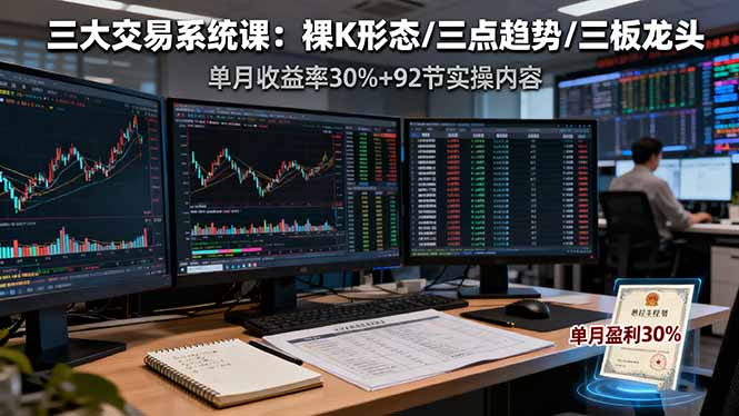 三大交易系统课：裸K形态/三点趋势/三板体系，单月收益率30%+92节实操内容-117资源网