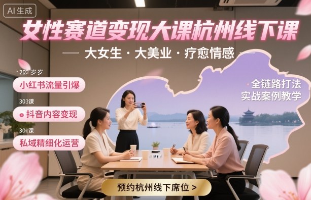 女性赛道变现大课杭州线下，大女生，大美业，疗愈情感，一套小红书、抖音、私域全链路打法-117资源网